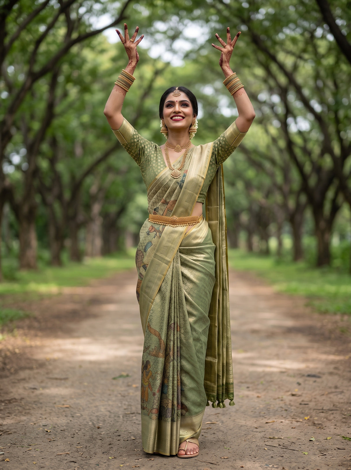 MIMOSA Green Kalamkari Saree — pose 5 styling detail
