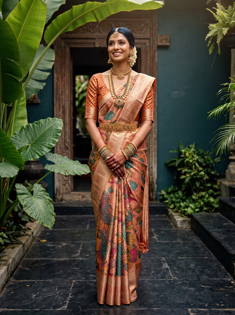 MIMOSA Orange Kalamkari Art Silk Saree — pallu and body shot