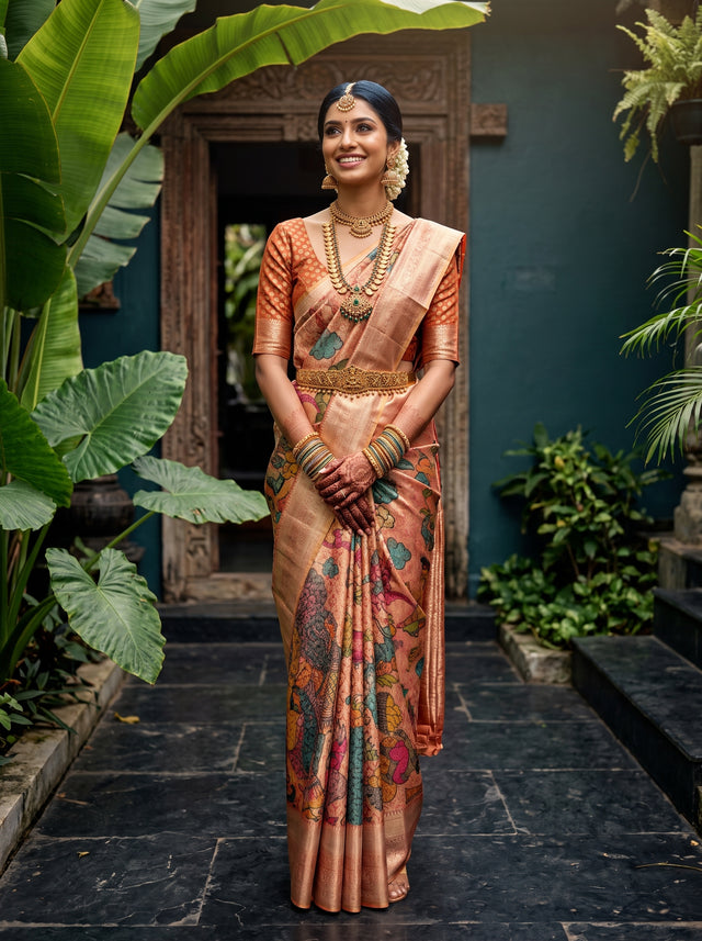 MIMOSA Orange Kalamkari Art Silk Saree — pallu and body shot