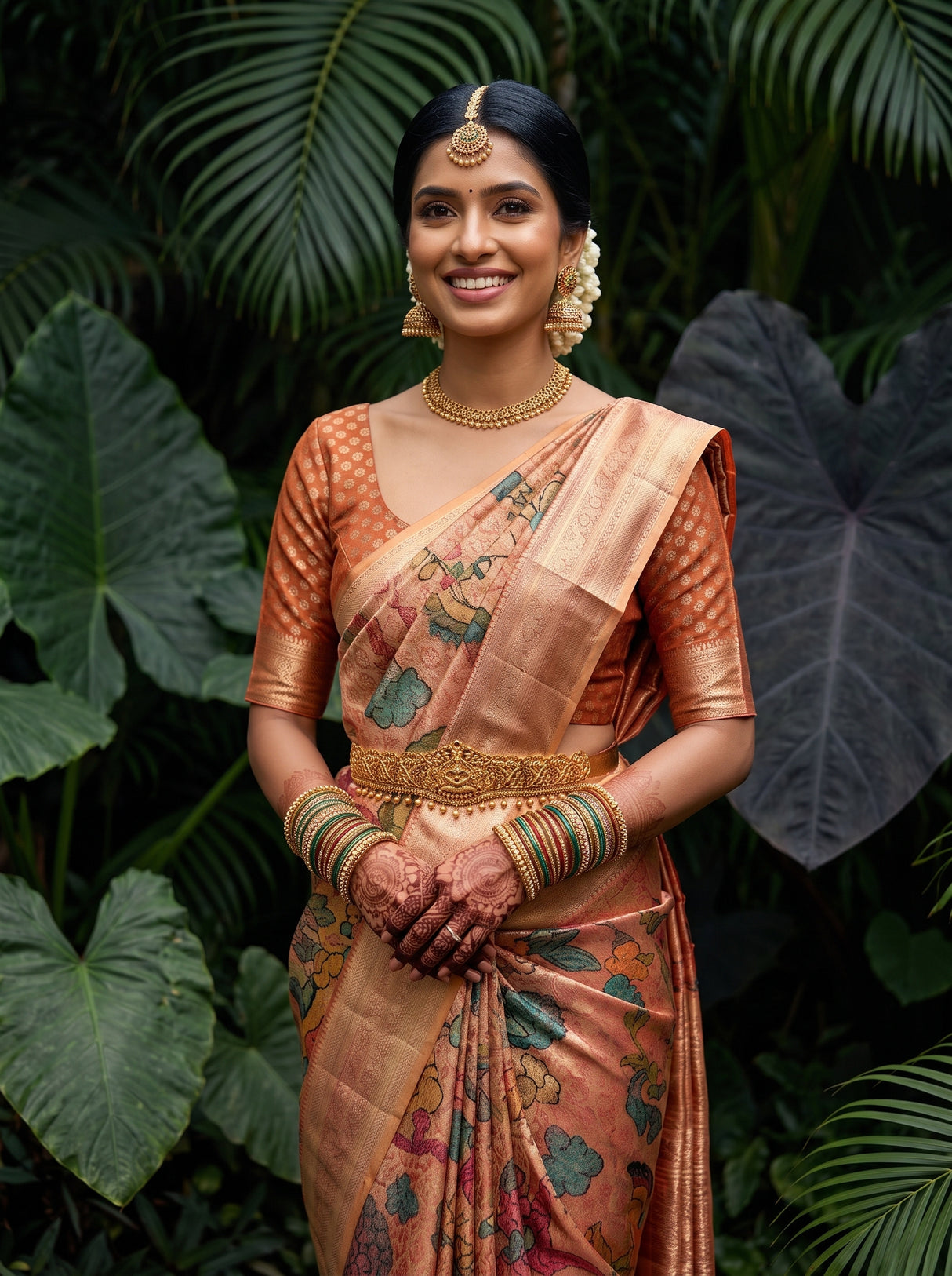 MIMOSA Orange Kalamkari Saree — pose 10 styling detail