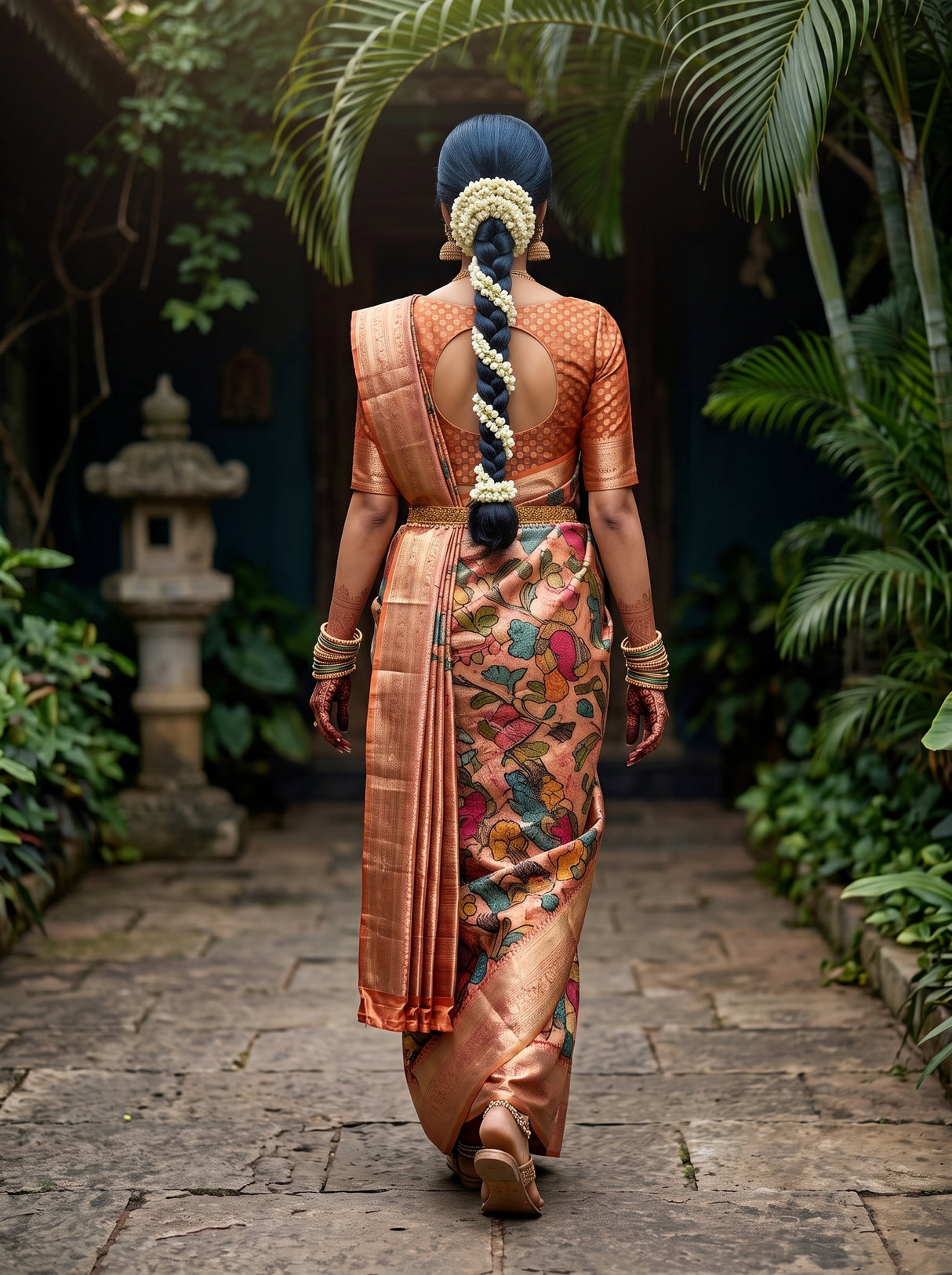 MIMOSA Orange Kalamkari Art Silk Saree — model lifestyle pose