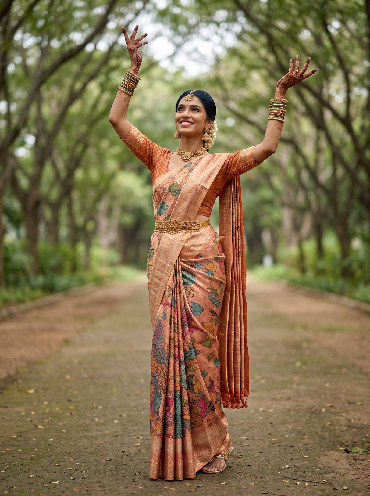 MIMOSA Orange Kalamkari Saree — pose 5 styling detail