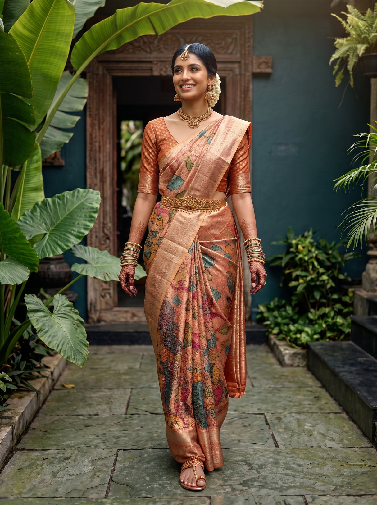 MIMOSA Orange Kalamkari Saree — pose 6 styling detail