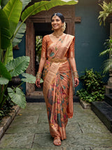MIMOSA Orange Kalamkari Saree — pose 6 styling detail