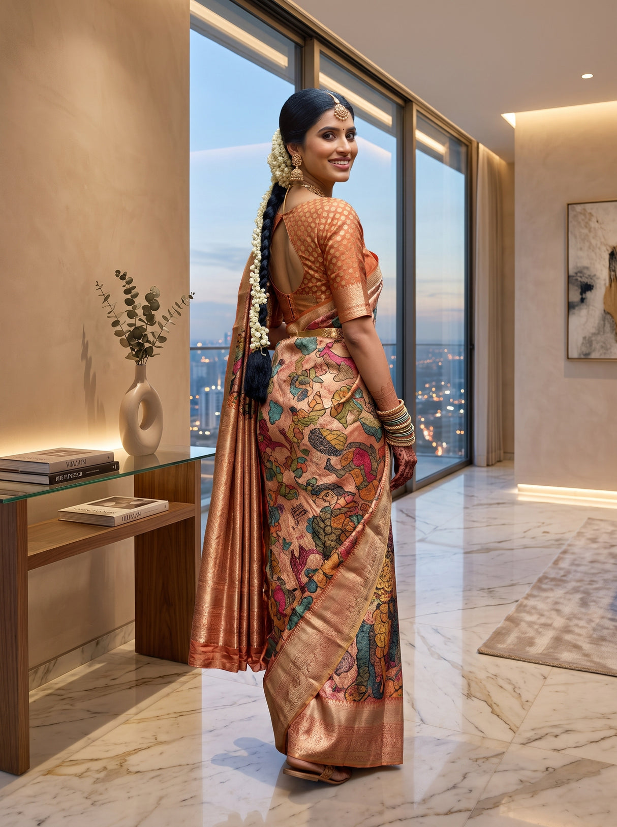MIMOSA Orange Kalamkari Saree — pose 7 styling detail