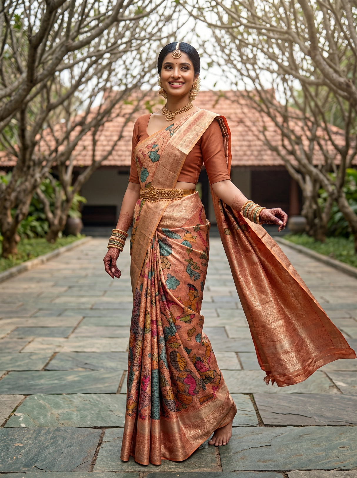 MIMOSA Orange Kalamkari Saree — pose 9 styling detail