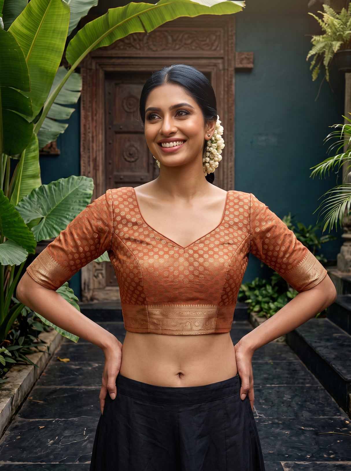 MIMOSA Orange Kalamkari Saree — blouse close-up