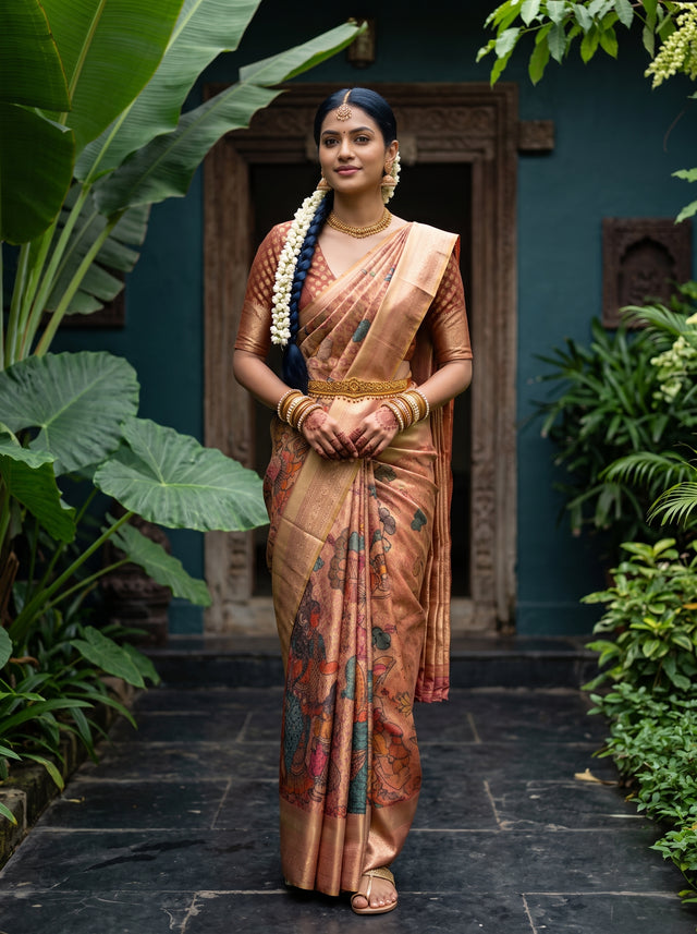 MIMOSA Rani Kalamkari Art Silk Saree — pallu and body shot