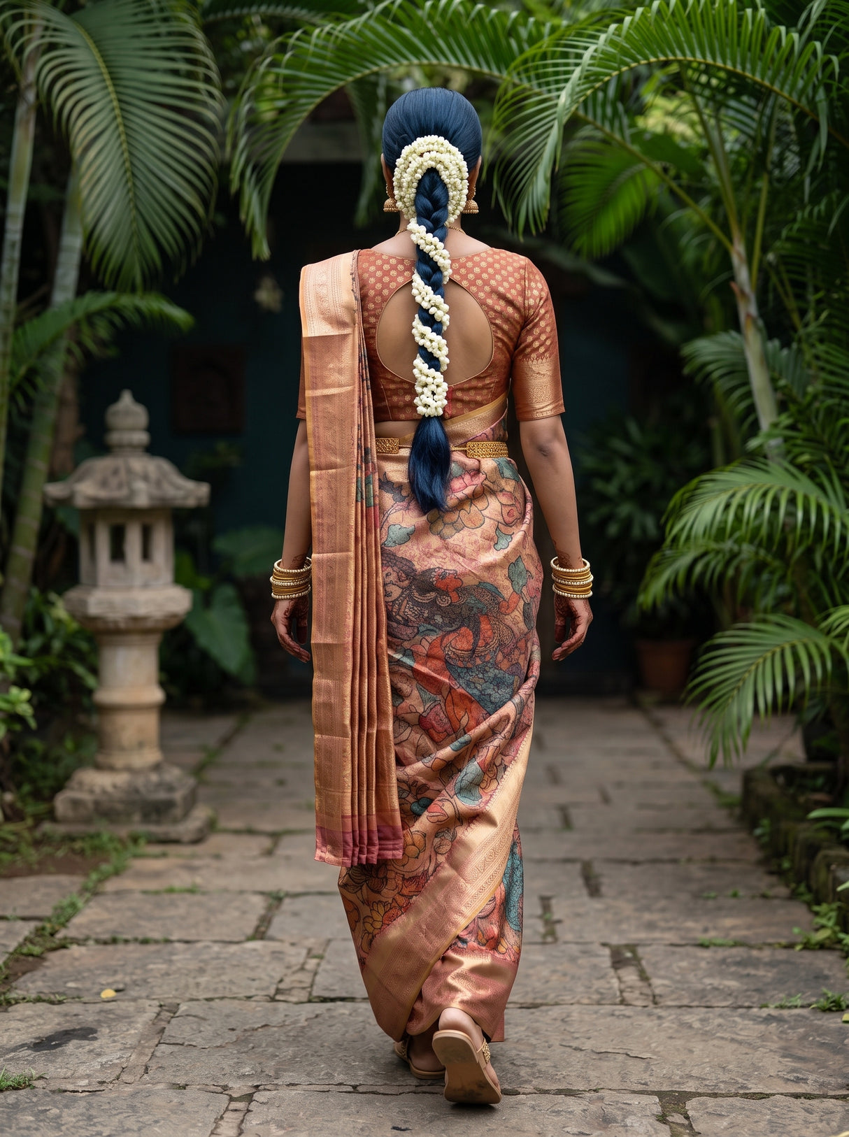 MIMOSA Rani Kalamkari Art Silk Saree — model lifestyle pose