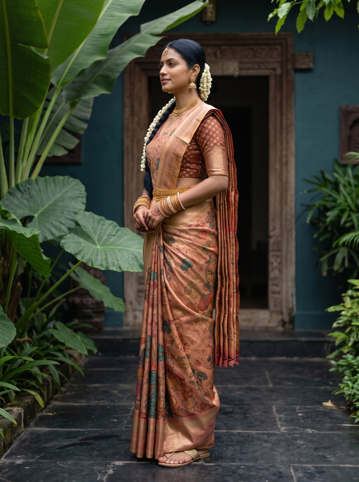 MIMOSA Rani Kalamkari Saree — pose 3 styling detail
