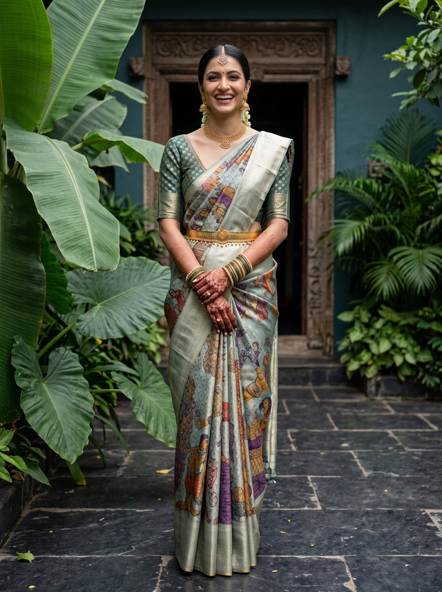 MIMOSA Sapphire Kalamkari Art Silk Saree — pallu and body shot