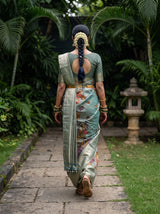 MIMOSA Sapphire Kalamkari Art Silk Saree — model lifestyle pose