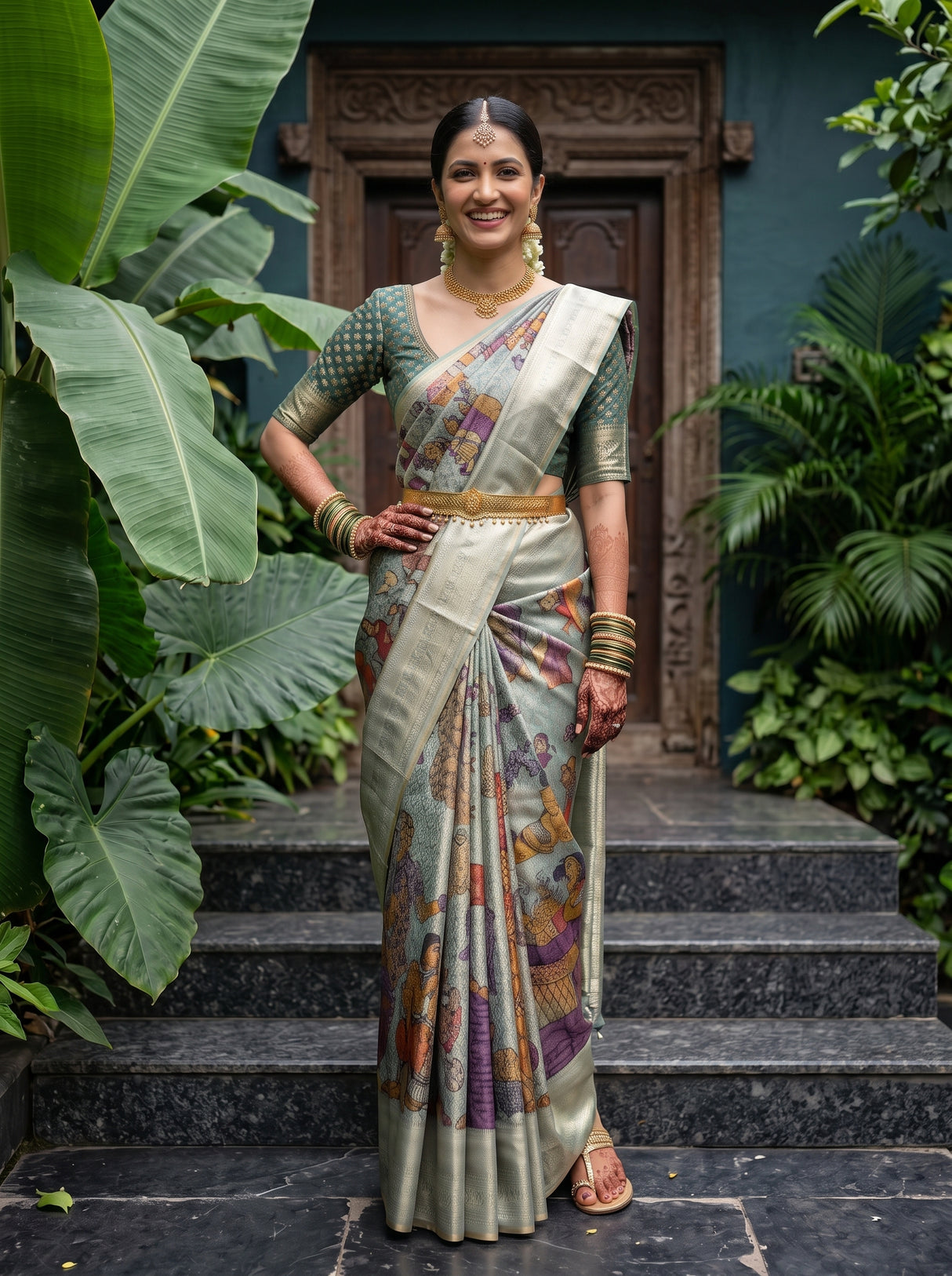 MIMOSA Sapphire Kalamkari Saree — pose 4 styling detail