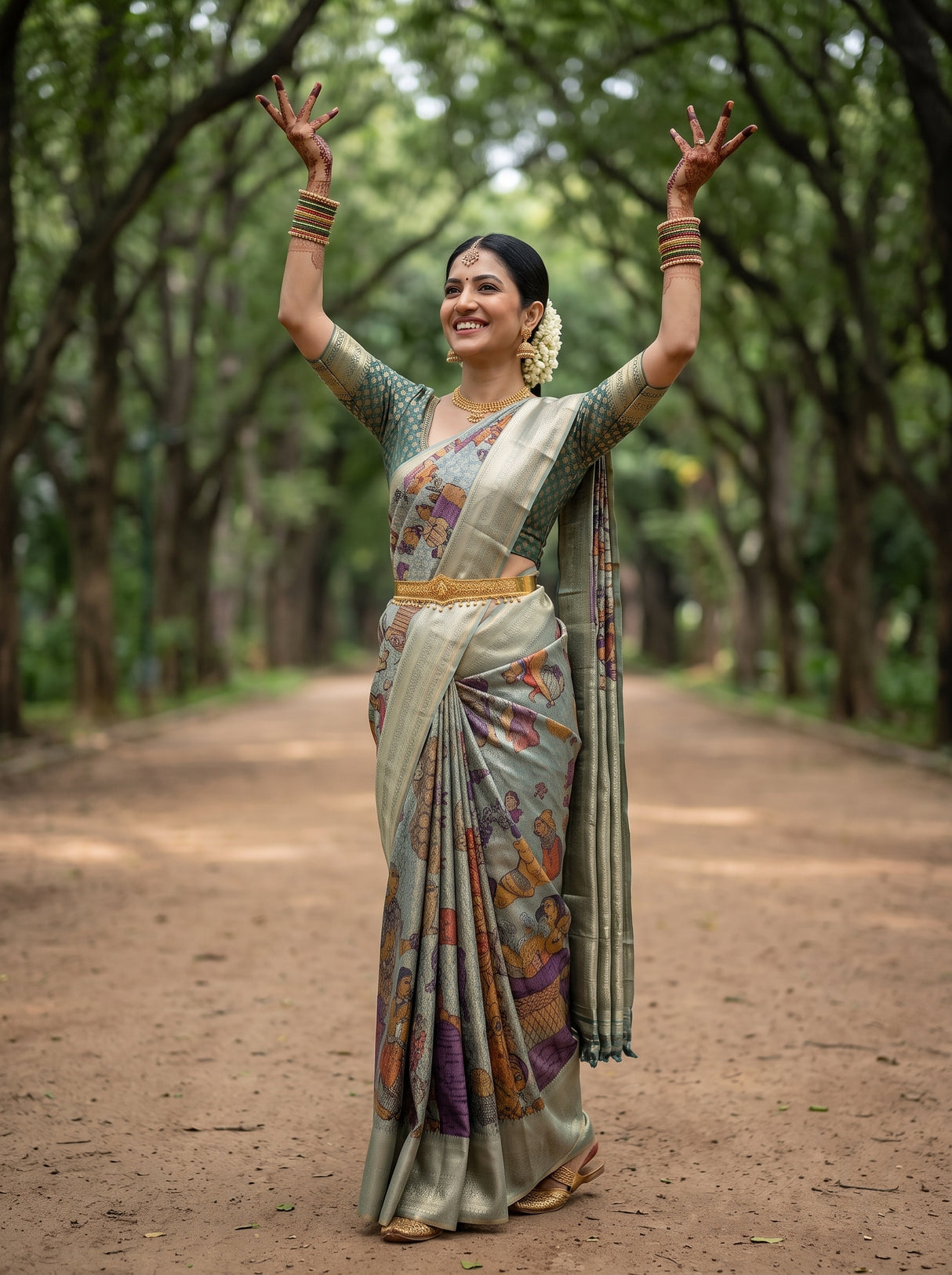MIMOSA Sapphire Kalamkari Saree — pose 5 styling detail