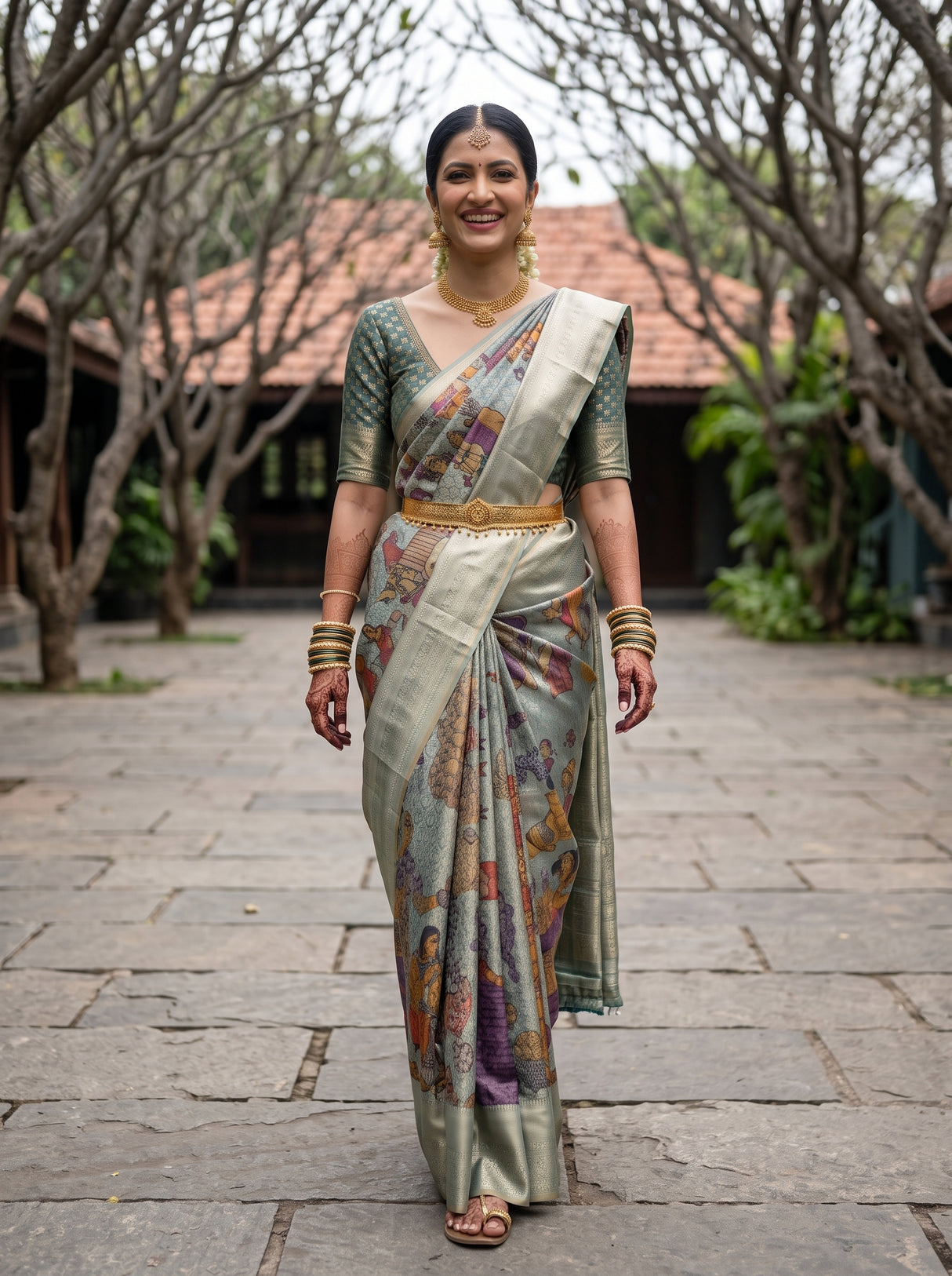 MIMOSA Sapphire Kalamkari Saree — pose 6 styling detail
