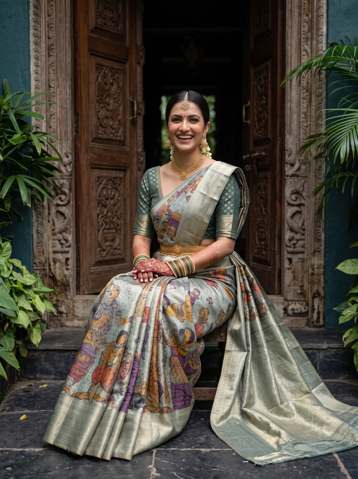 MIMOSA Sapphire Kalamkari Saree — pose 8 styling detail