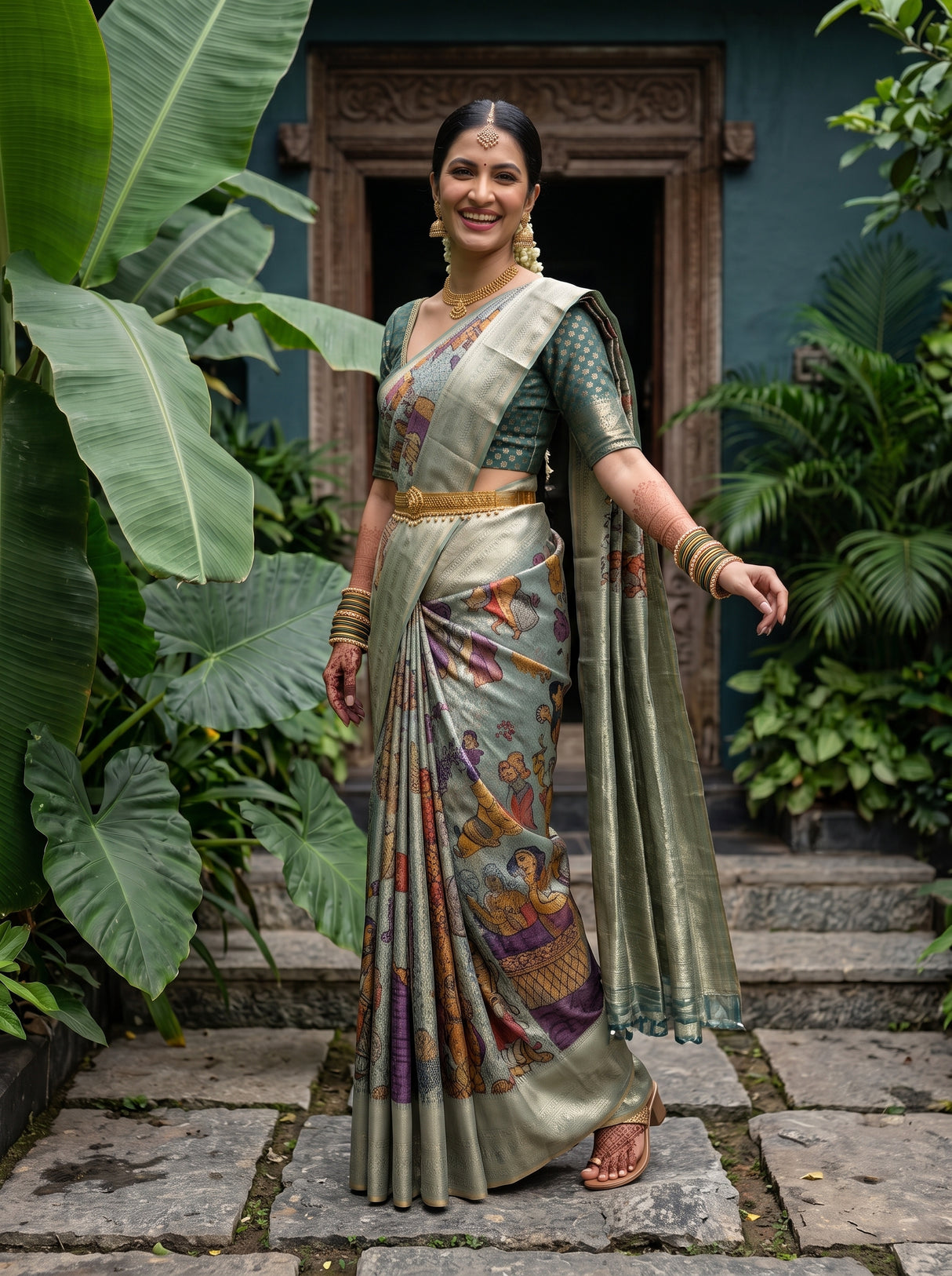 MIMOSA Sapphire Kalamkari Saree — pose 9 styling detail