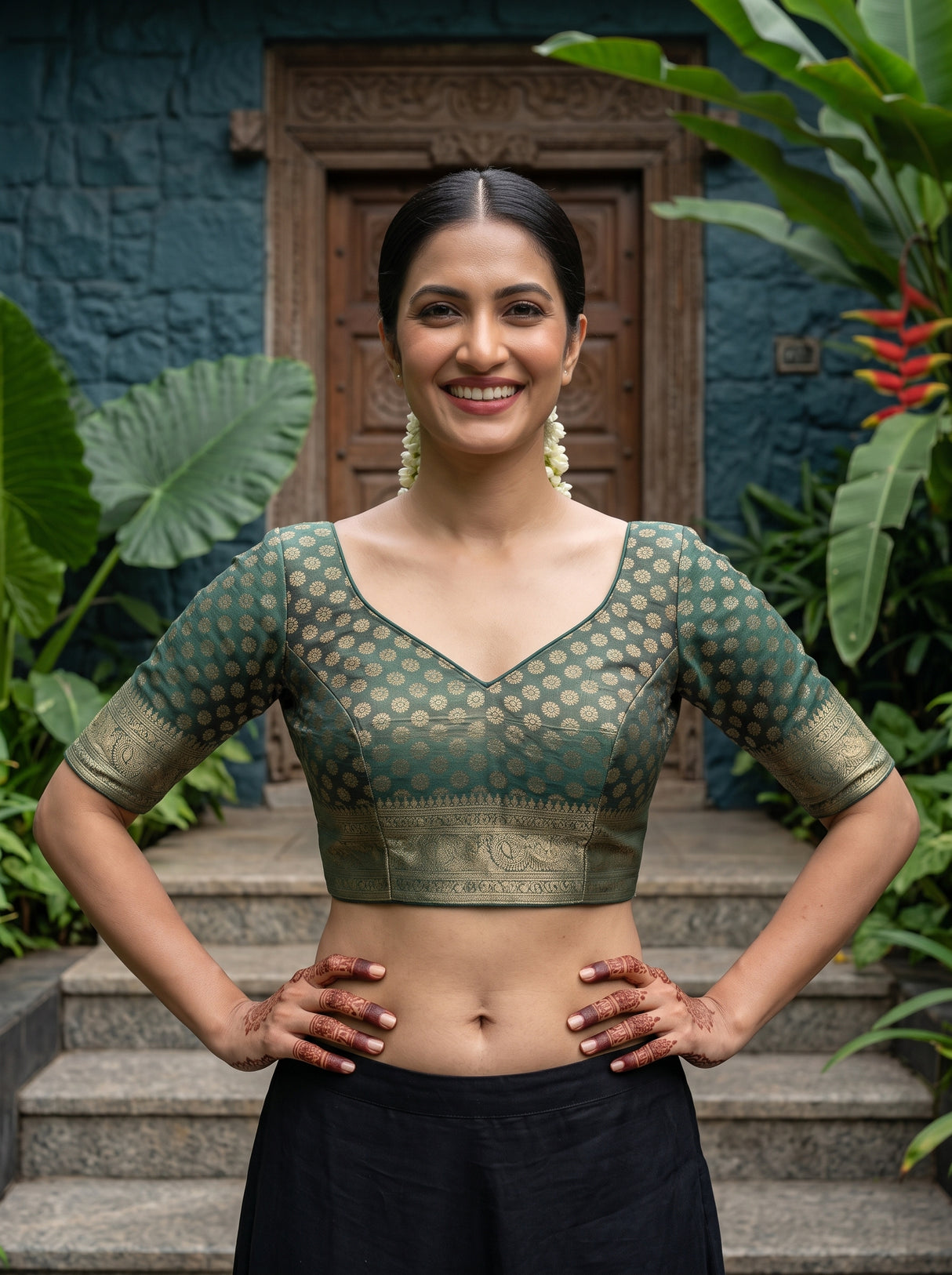 MIMOSA Sapphire Kalamkari Saree — blouse close-up