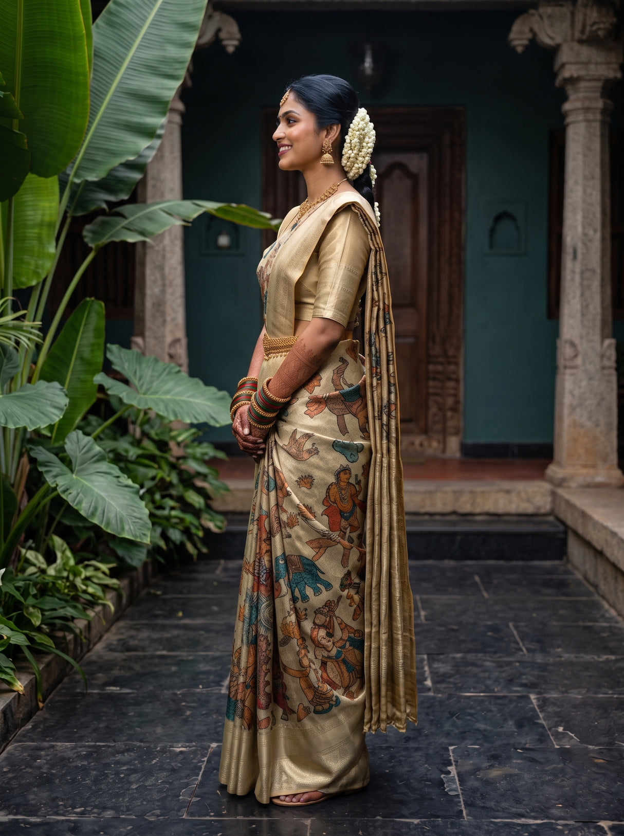 MIMOSA Tussar Kalamkari Saree — pose 3 styling detail