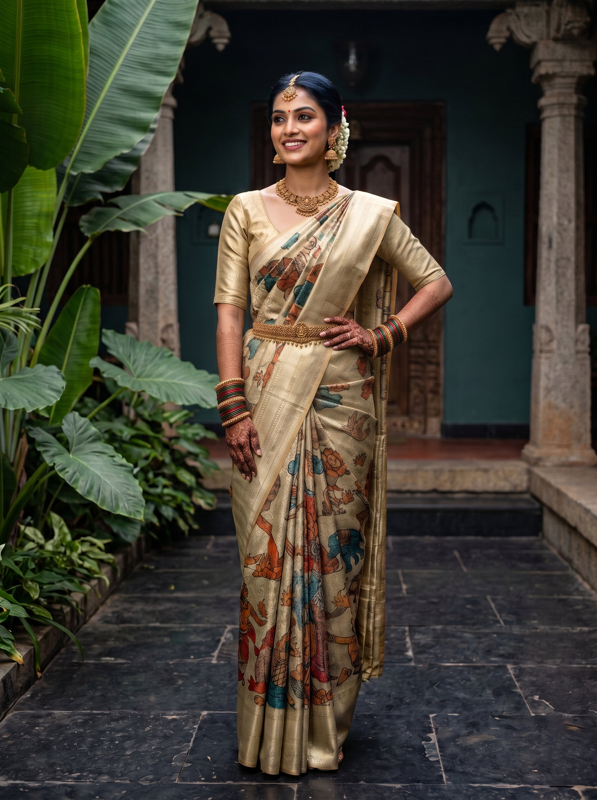 MIMOSA Tussar Kalamkari Saree — pose 4 styling detail