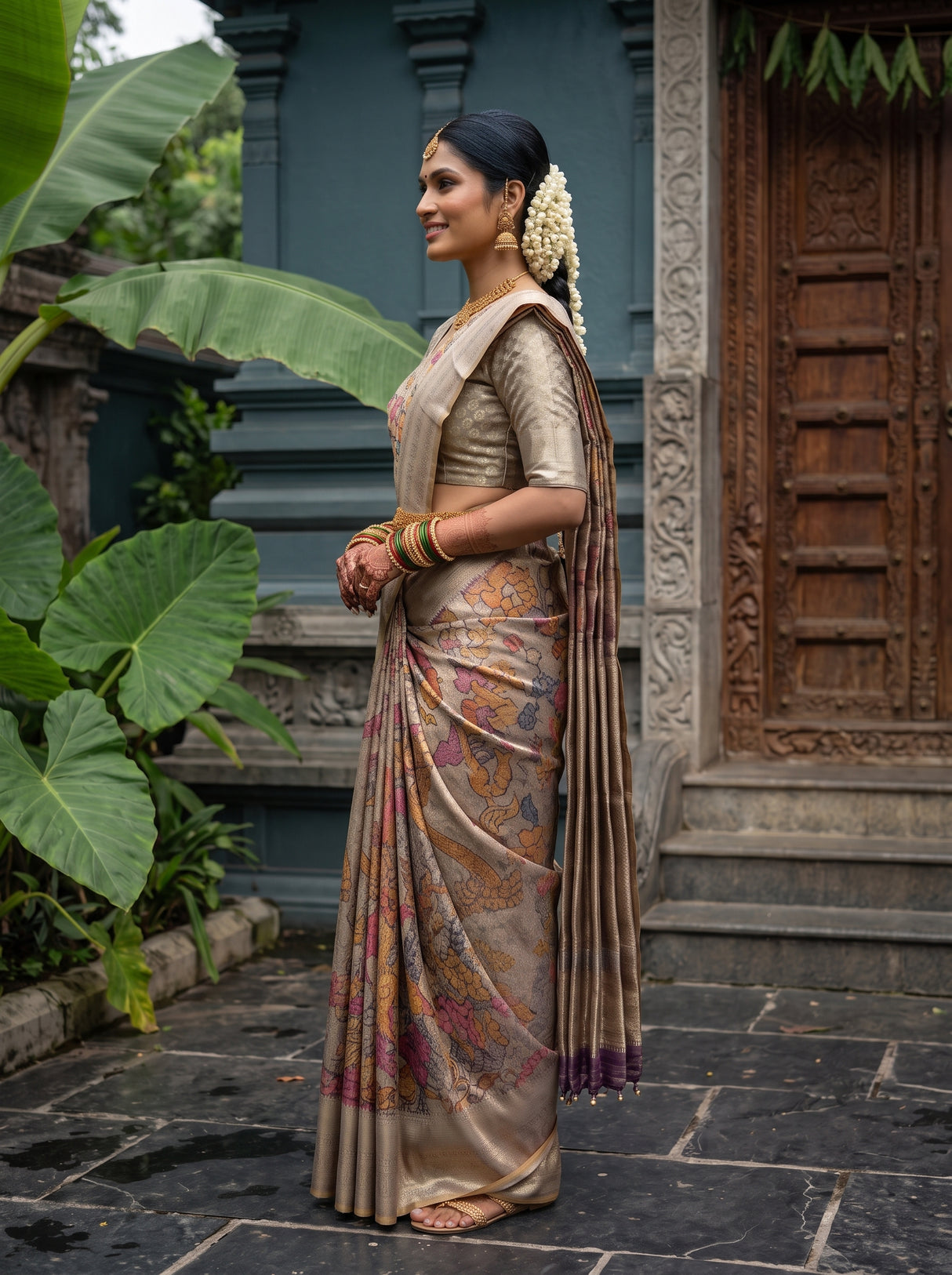 MIMOSA Violet Kalamkari Art Silk Saree — model lifestyle pose