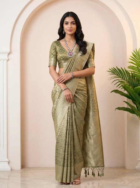 MIMOSA Green Kanjivaram Art Silk Saree — AI Model lifestyle pose 1