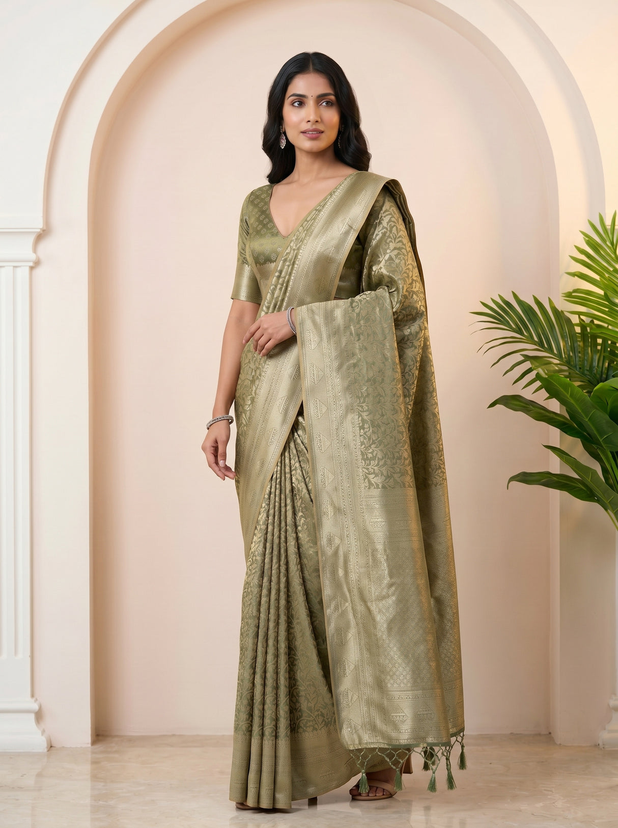 MIMOSA Green Kanjivaram Art Silk Saree — pose 5 styling detail