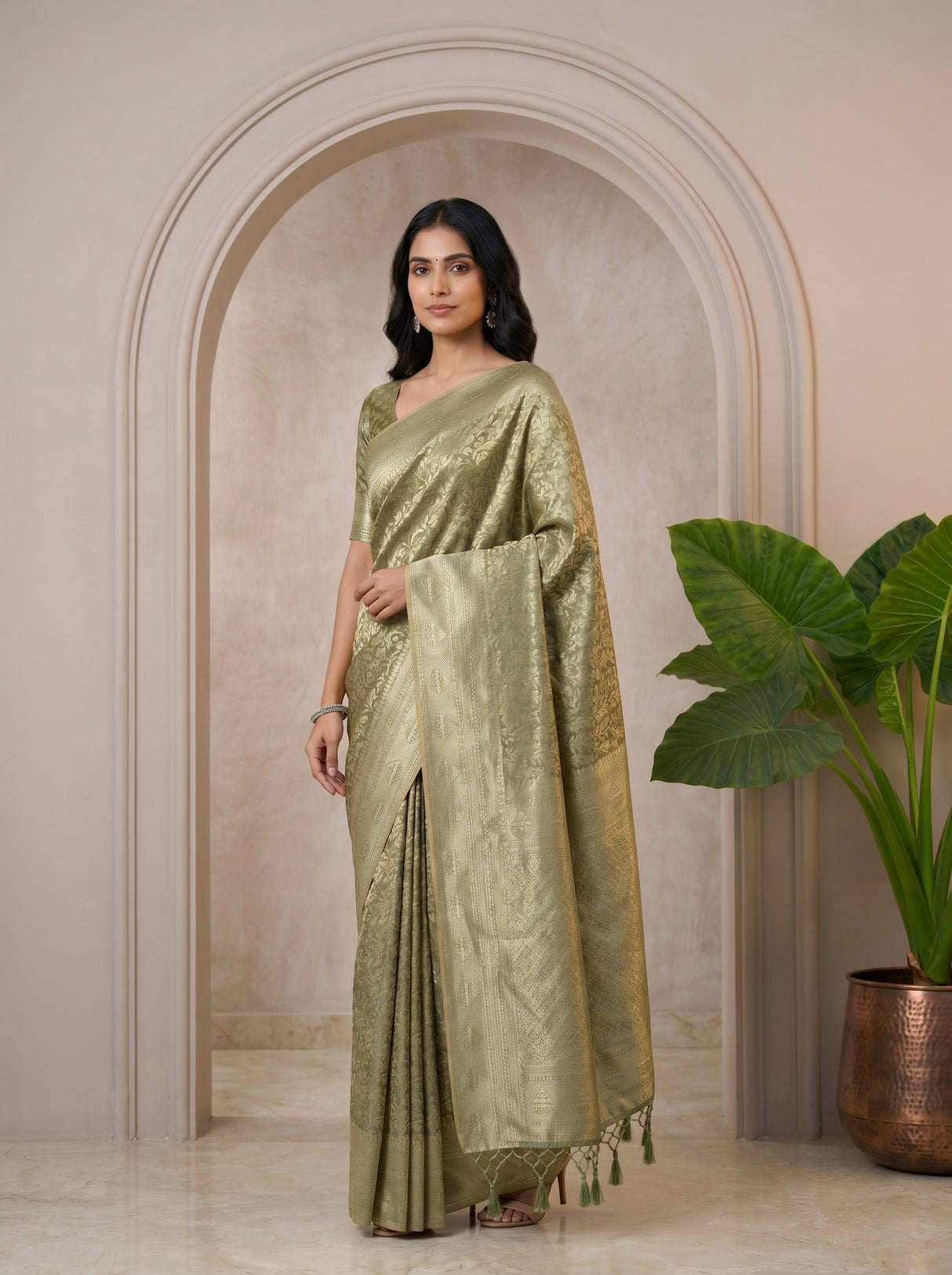 MIMOSA Green Kanjivaram Art Silk Saree — pose 7 styling detail