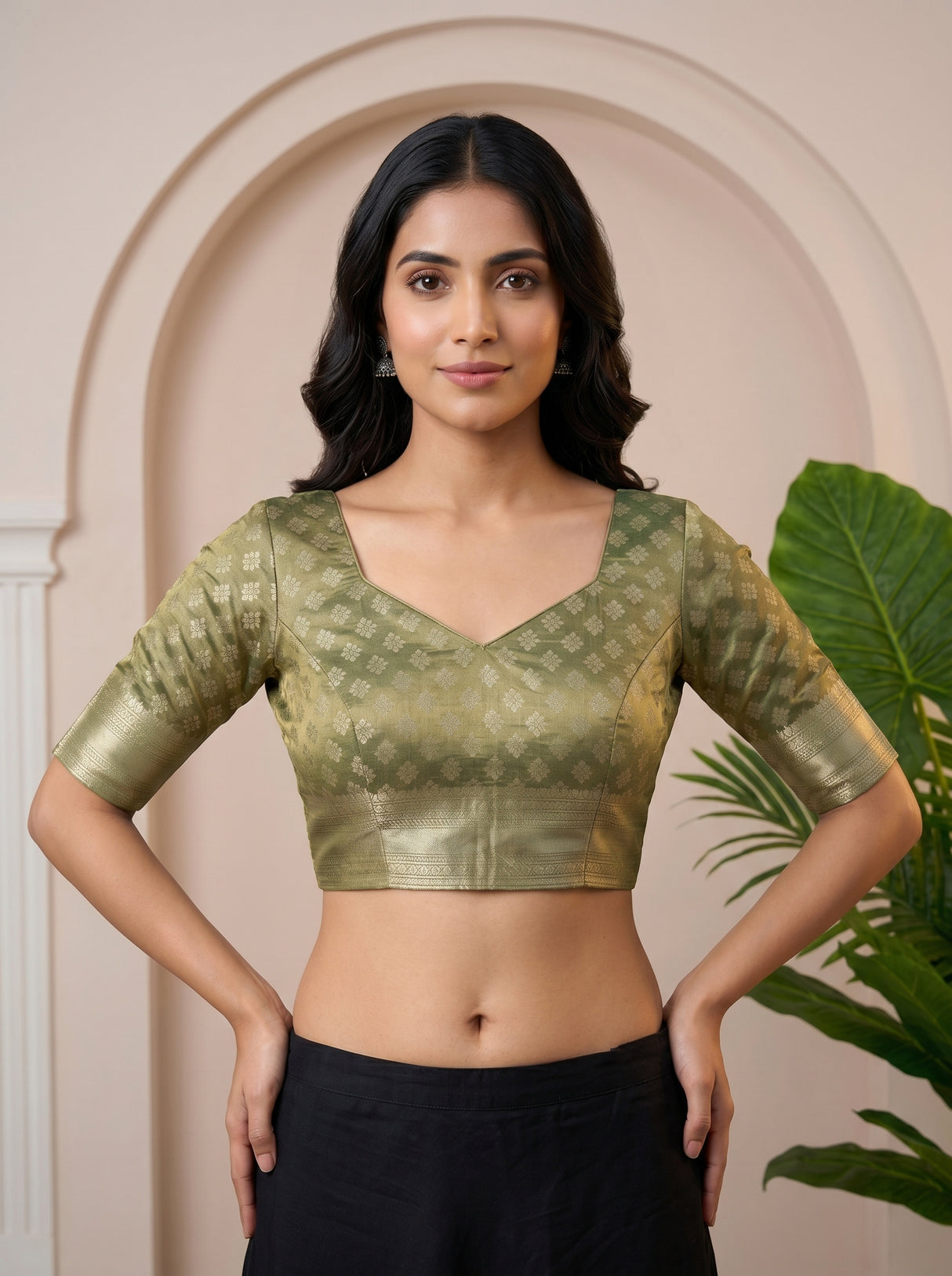 MIMOSA Green Kanjivaram Art Silk Saree — blouse close-up