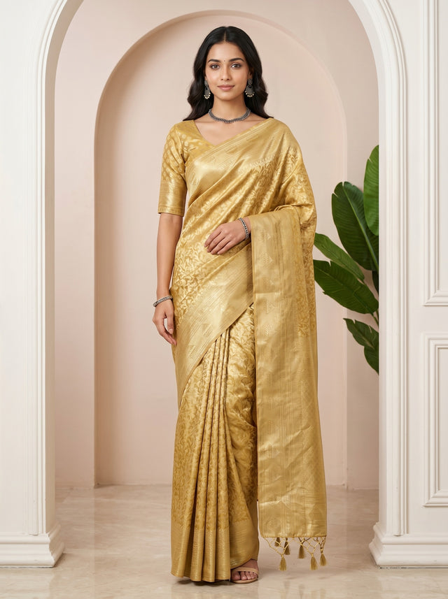 MIMOSA Mustard Kanjivaram Art Silk Saree — AI Model lifestyle pose 1