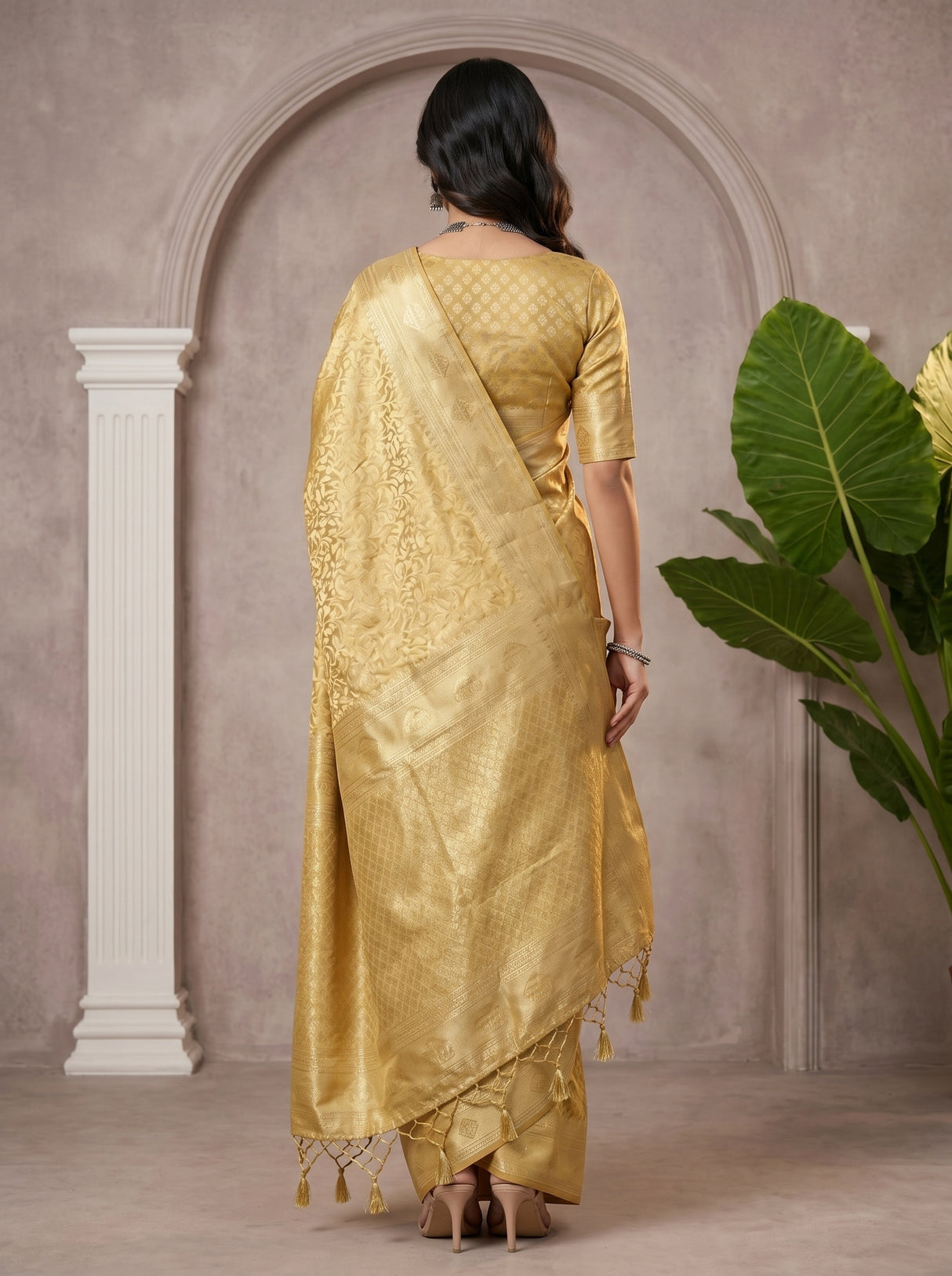 MIMOSA Mustard Kanjivaram Art Silk Saree — pose 2 styling detail