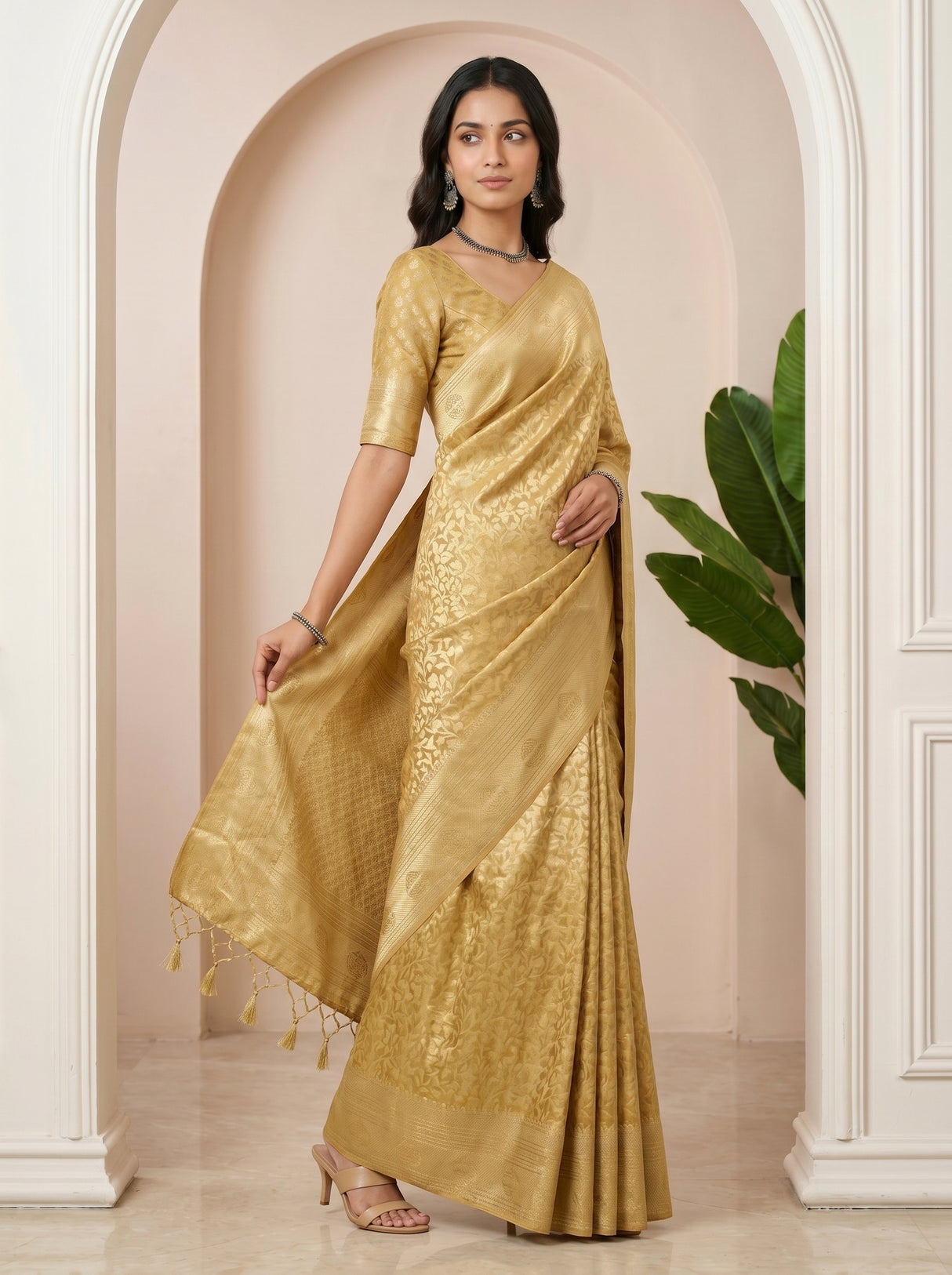 MIMOSA Mustard Kanjivaram Art Silk Saree — pose 5 styling detail