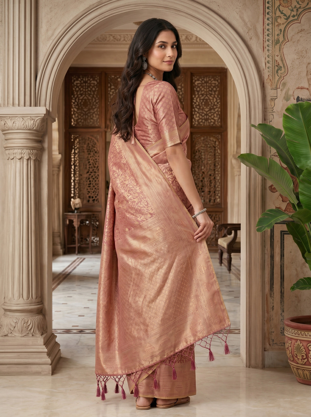 MIMOSA Pink Kanjivaram Art Silk Saree — pose 7 styling detail