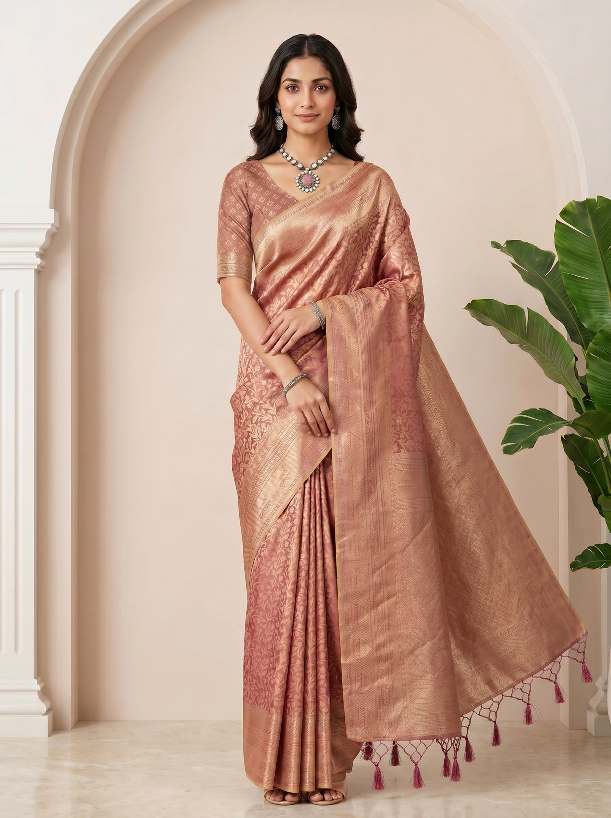 MIMOSA Pink Kanjivaram Art Silk Saree — pose 9 styling detail