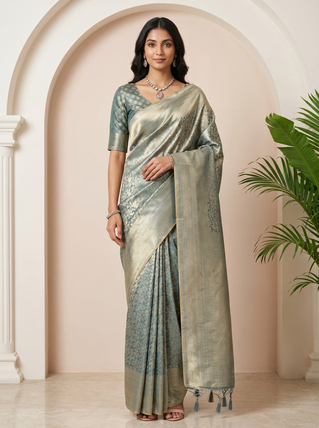 MIMOSA Sapphire Kanjivaram Art Silk Saree — AI Model lifestyle pose 1