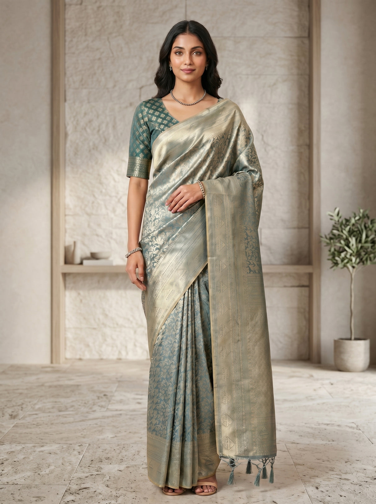 MIMOSA Sapphire Kanjivaram Art Silk Saree — pose 5 styling detail