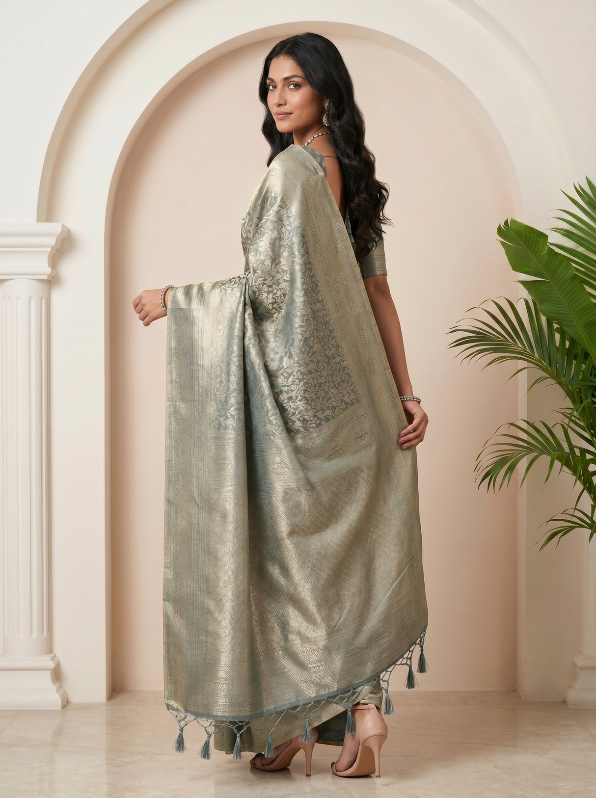 MIMOSA Sapphire Kanjivaram Art Silk Saree — pose 7 styling detail