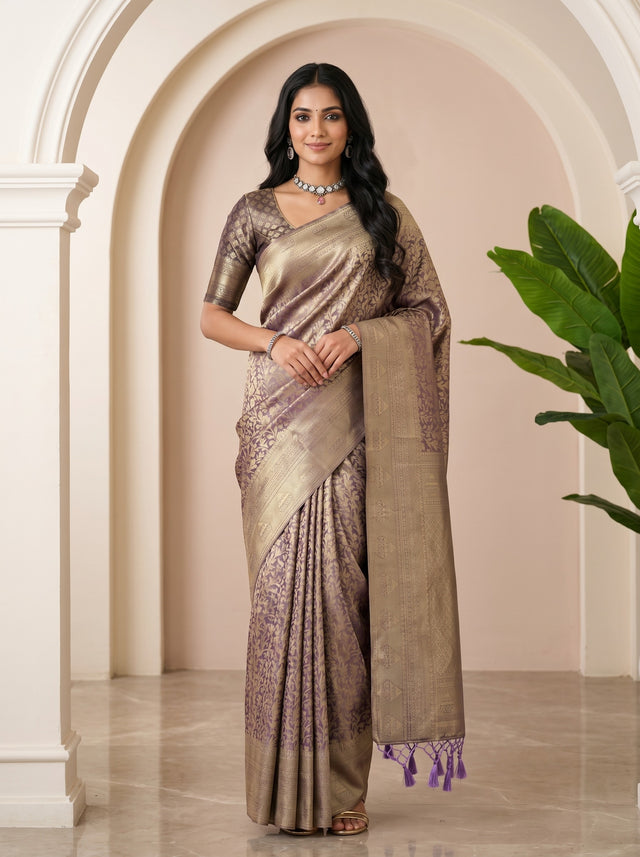 MIMOSA Violet Kanjivaram Art Silk Saree — AI Model lifestyle pose 1