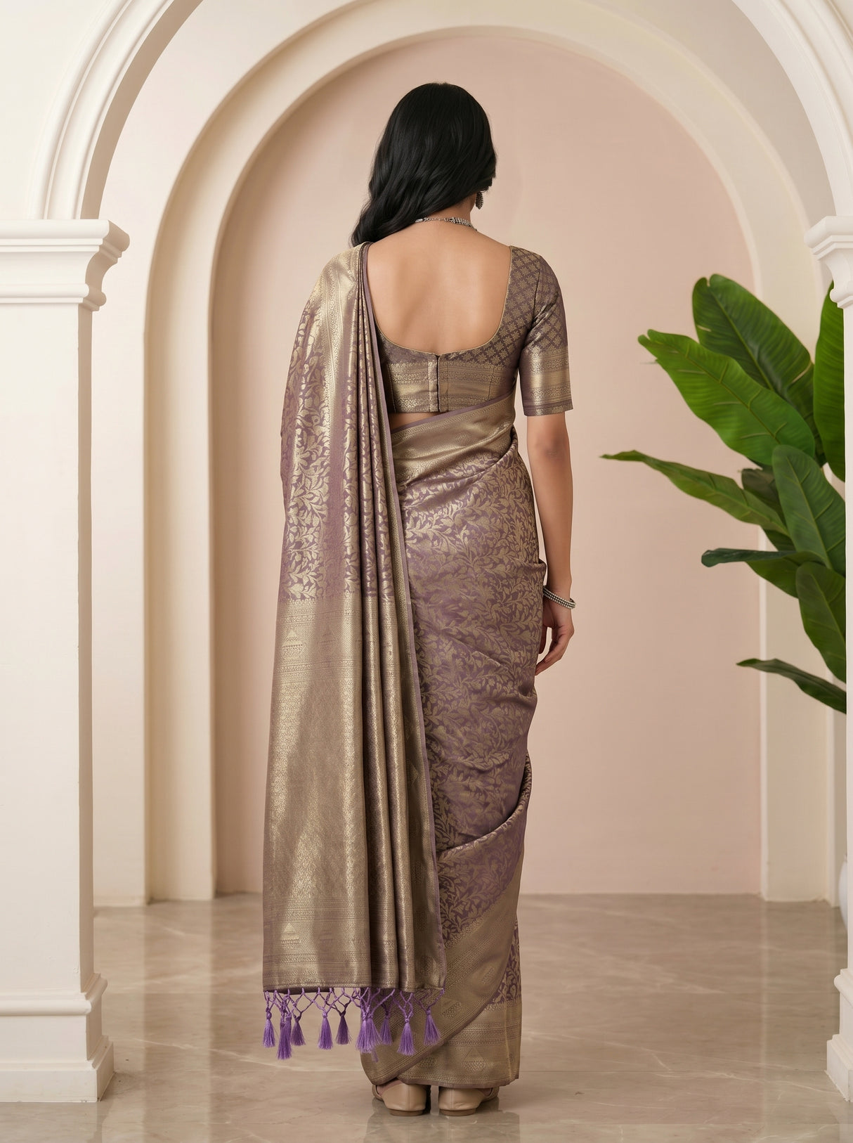 MIMOSA Violet Kanjivaram Art Silk Saree — pose 2 styling detail