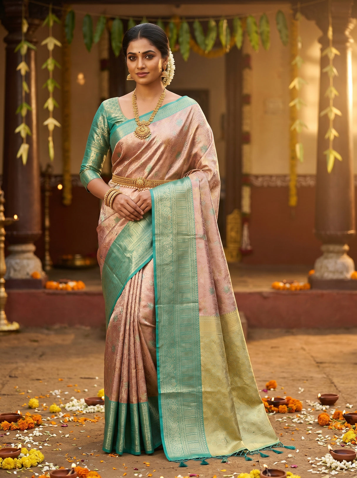 MIMOSA Maroon Kanjivaram Art Silk Saree — front view on mannequin