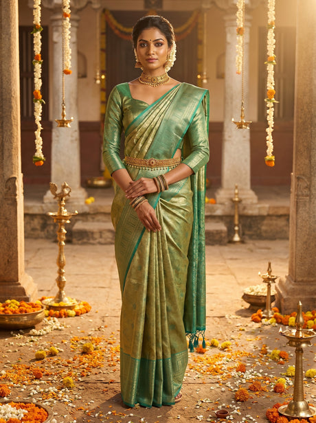 MIMOSA Olive Kanjivaram Art Silk Saree — front view on mannequin