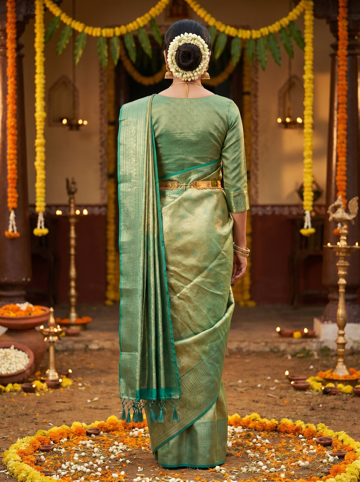 MIMOSA Olive Kanjivaram Art Silk Saree — pose 2 styling detail