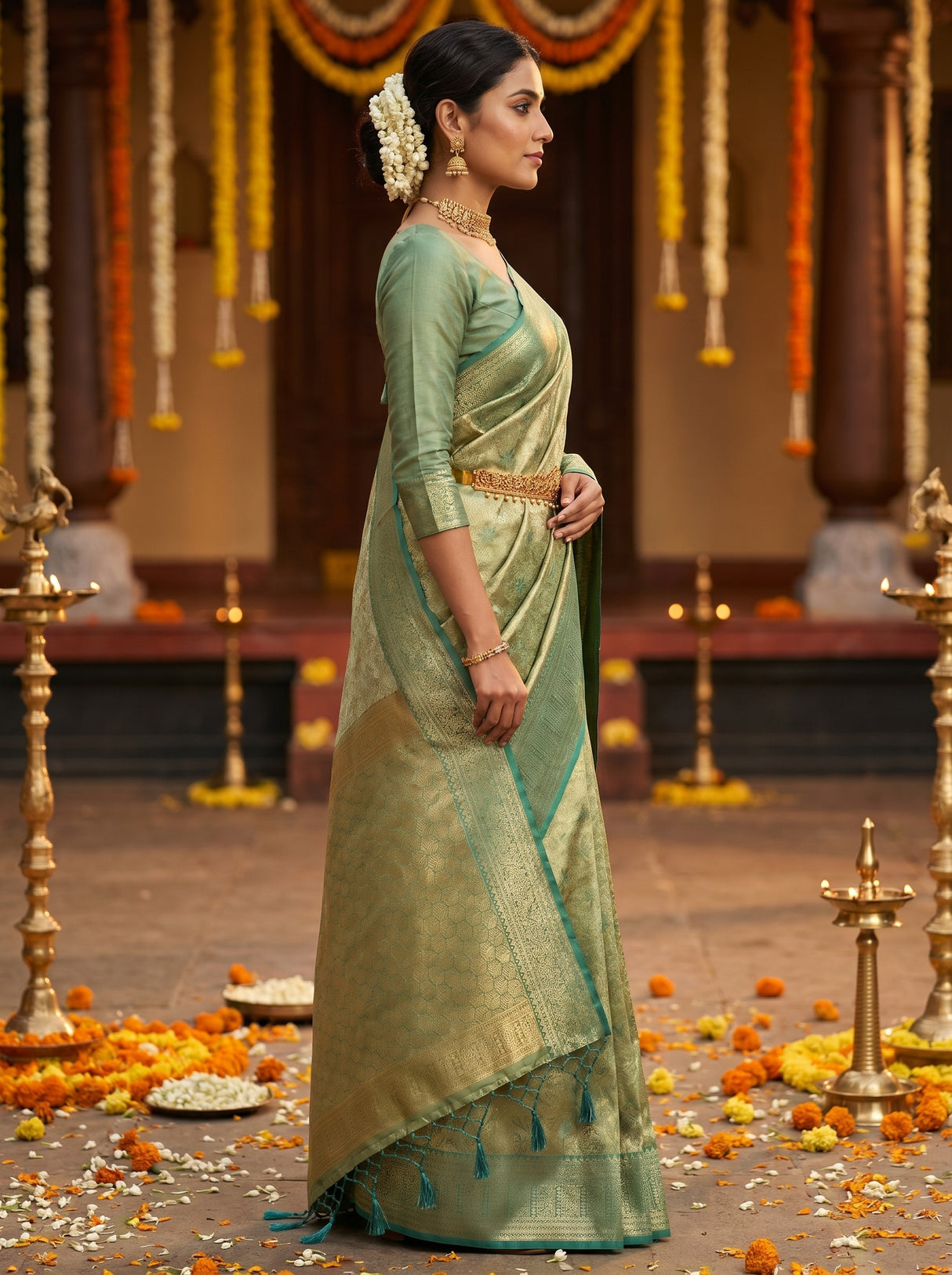 MIMOSA Olive Kanjivaram Art Silk Saree — pose 3 styling detail