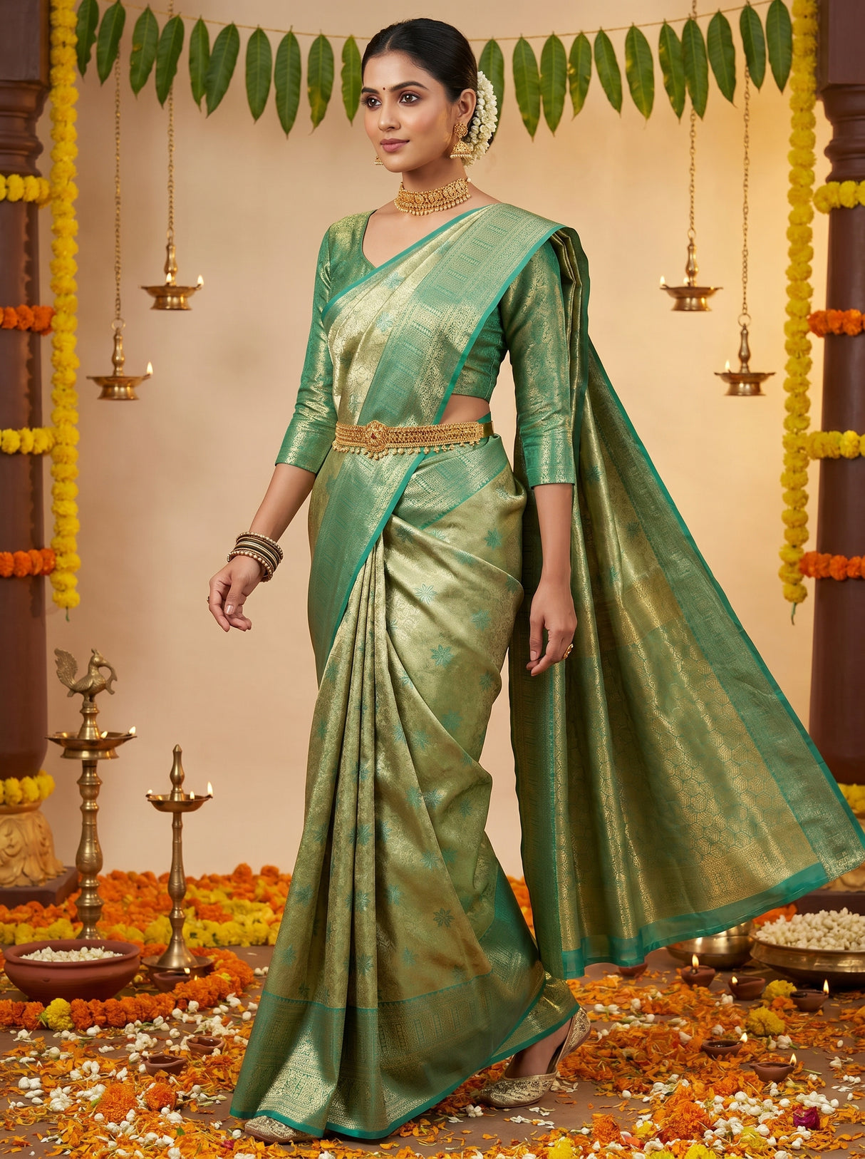 MIMOSA Olive Kanjivaram Art Silk Saree — pose 7 styling detail