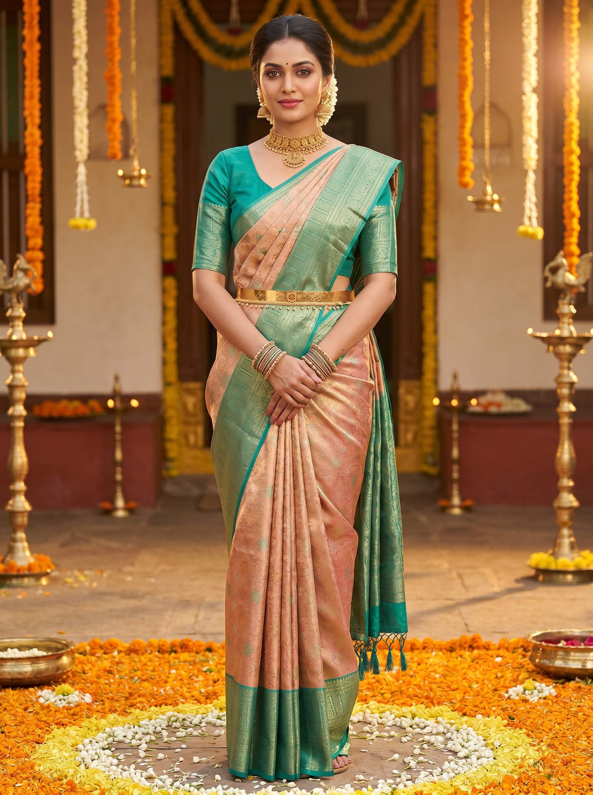 MIMOSA Orange Kanjivaram Art Silk Saree — front view on mannequin