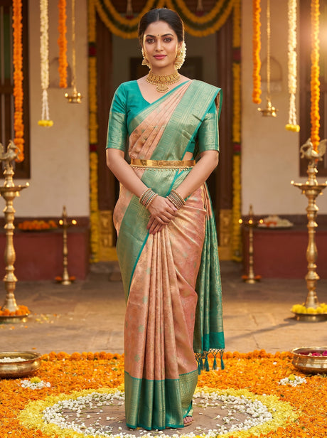 MIMOSA Orange Kanjivaram Art Silk Saree — front view on mannequin
