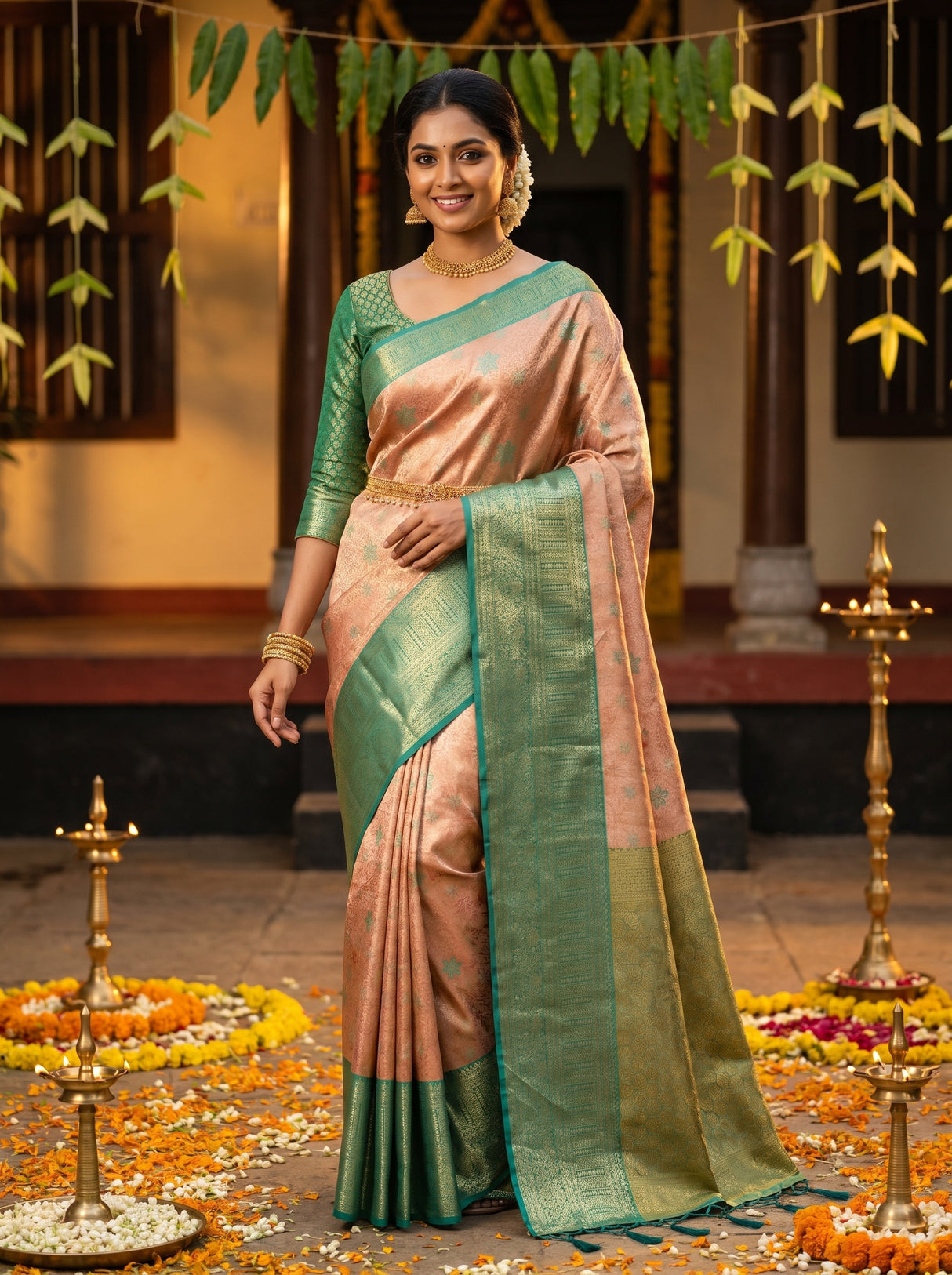 MIMOSA Orange Kanjivaram Art Silk Saree — pose 5 styling detail