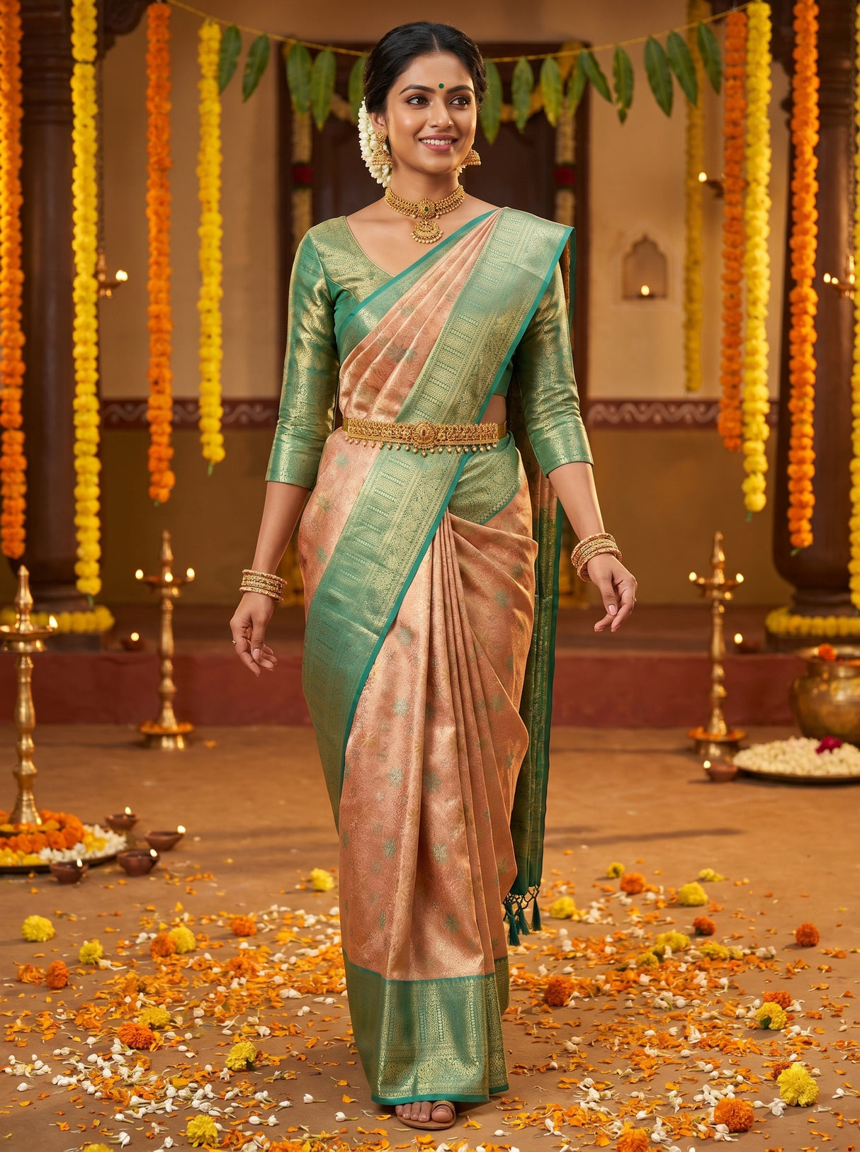 MIMOSA Orange Kanjivaram Art Silk Saree — pose 7 styling detail