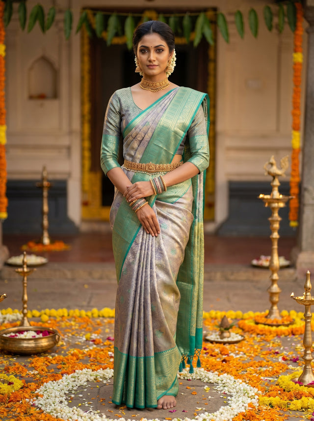 MIMOSA Violet Kanjivaram Art Silk Saree — front view on mannequin