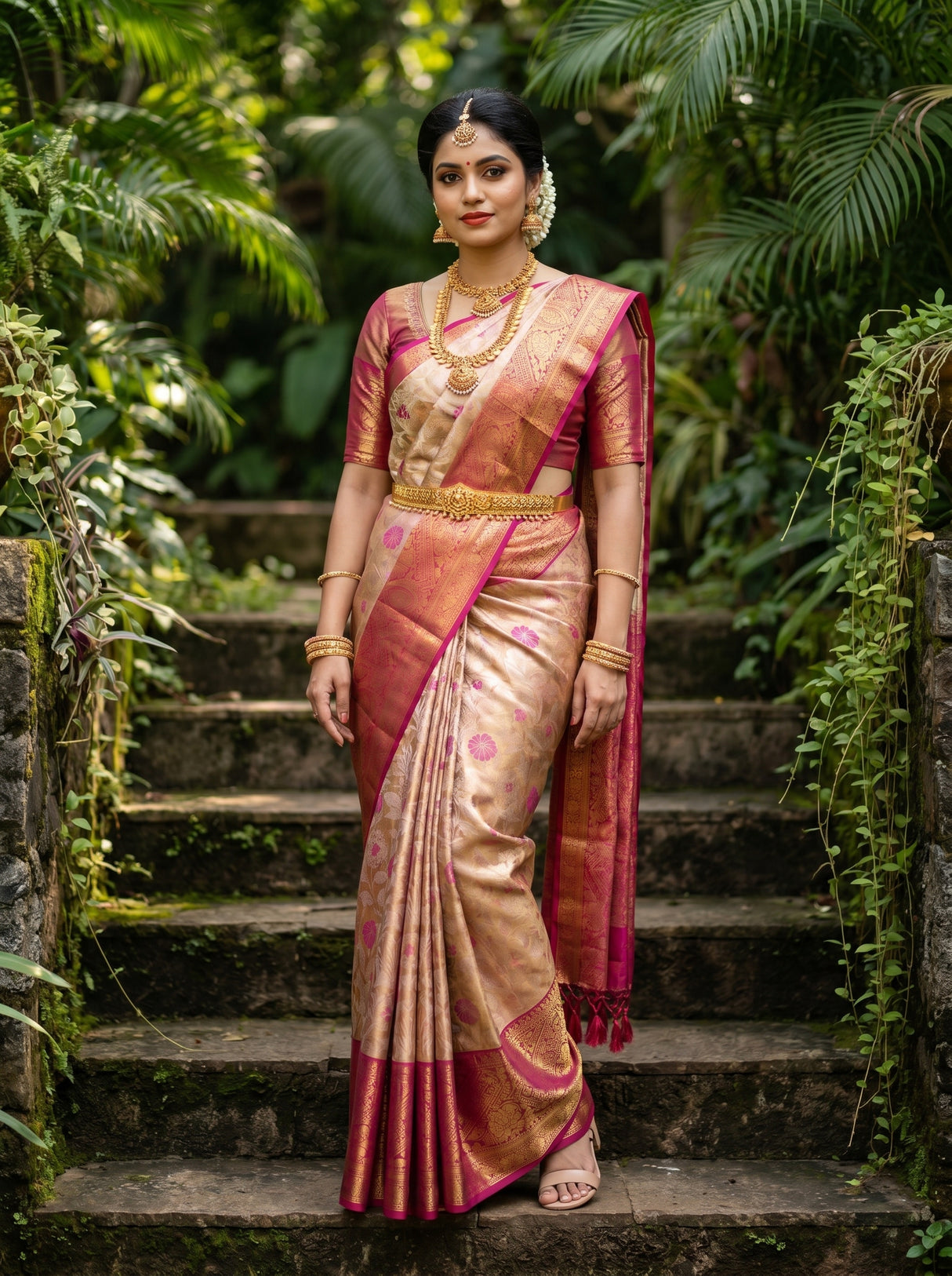 MIMOSA Gajari Kanjivaram Art Silk Saree — front view on mannequin